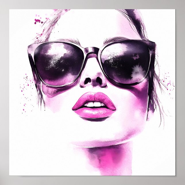 Póster Gafas de sol de mujer de moda con acuarela rosa ch (Frente)