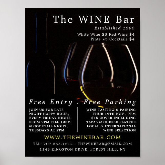 Póster Gafas de vino, publicidad de bar de vinos/bodega (Frente)