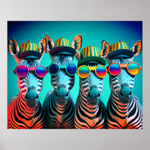 Póster Gafas divertidas de Gorras Zebras Cute Zoo Animals