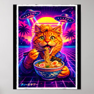 Póster Gafico retro synthwave 80s meme de gato ramen ovni