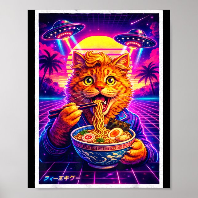 Póster Gafico retro synthwave 80s meme de gato ramen ovni (Frente)