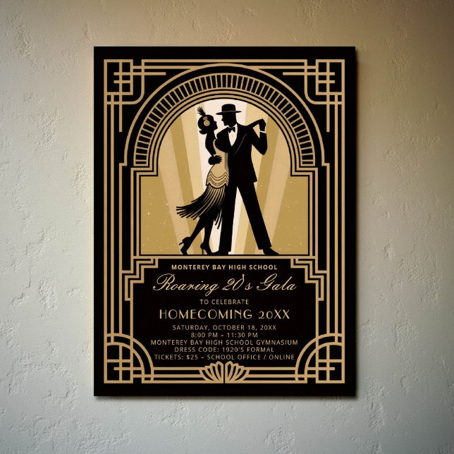 Póster Gala de escuela de turismo casero Art Déco de los  (homecoming prom school event poster roaring 20s gatsby flapper dancing black gold)