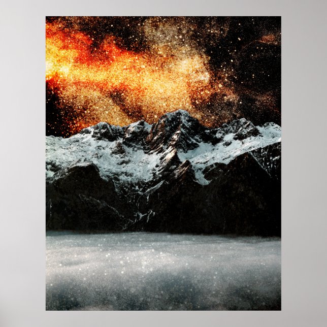 Póster Galaxia ardiente sobre montañas majestuosas (Frente)