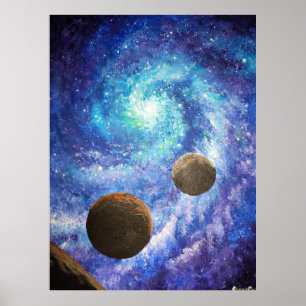 Póster Galaxia azul y planetas