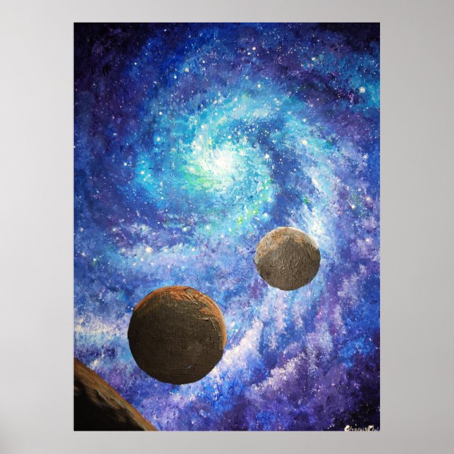 Póster Galaxia azul y planetas (Frente)