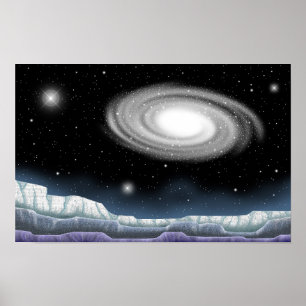 Póster Galaxia brillante vista desde un planeta.