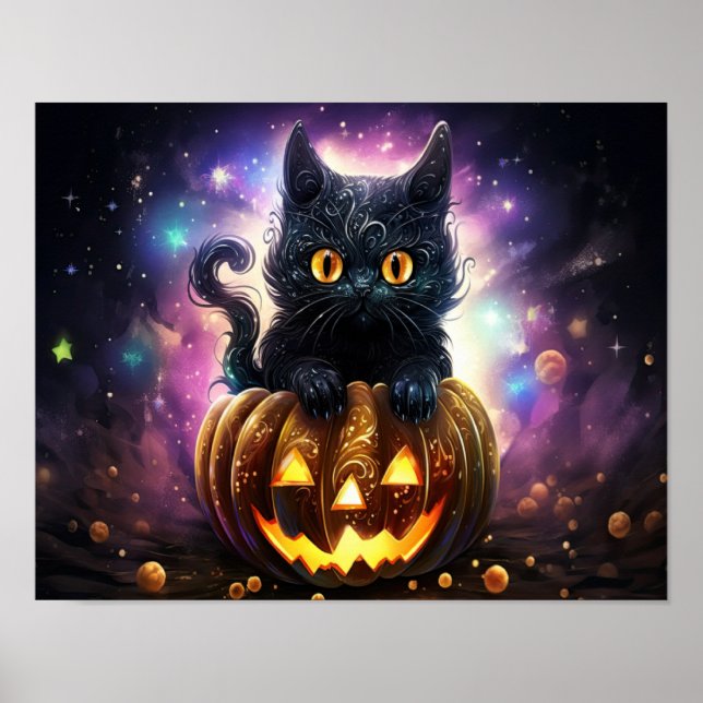 Póster Galaxia de calabaza para gato negro (Frente)