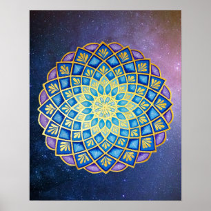 Póster Galaxia de flores doradas Mandala Blue Purple