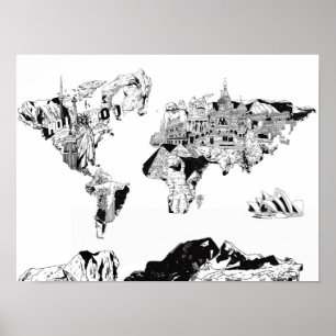 Póster galaxia de mapa mundial en blanco y negro 3
