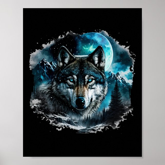 Póster Galaxia del Bosque Icy Moon de Caza de Lobo Gris (Frente)