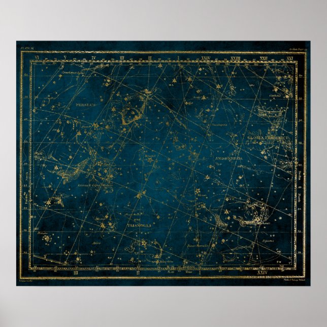 Póster Galaxia dorada azul de la constelación de mapas es (Frente)