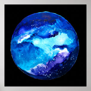 Póster Galaxia nebulosa del planeta azul acuarela