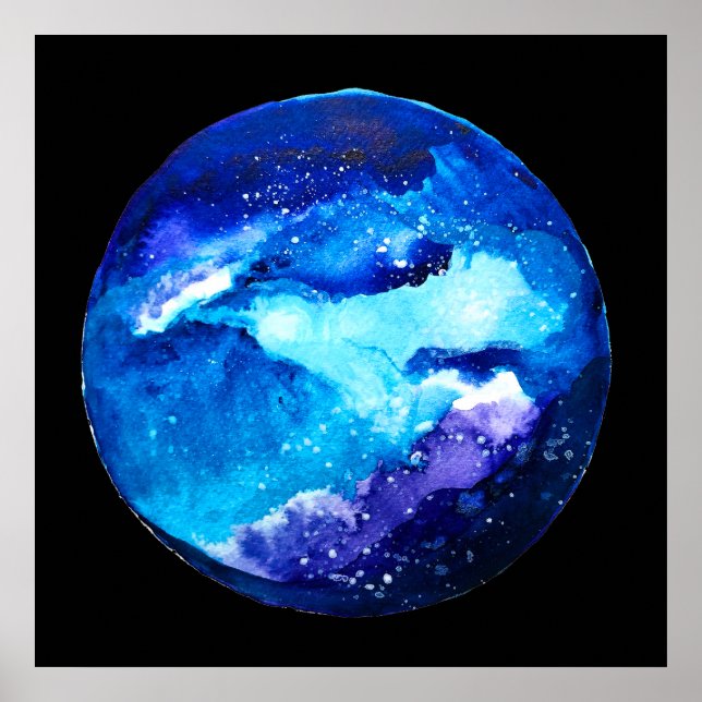 Póster Galaxia nebulosa del planeta azul acuarela (Frente)