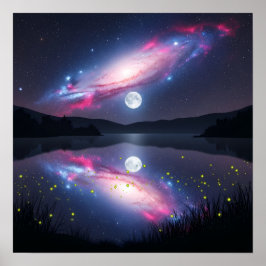 Póster Galaxia sobre lago iluminado por la luna con refle