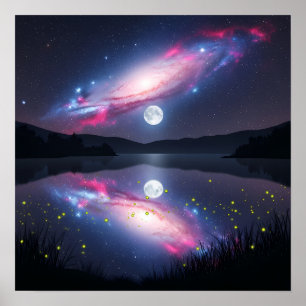 Póster Galaxia sobre lago iluminado por la luna con refle