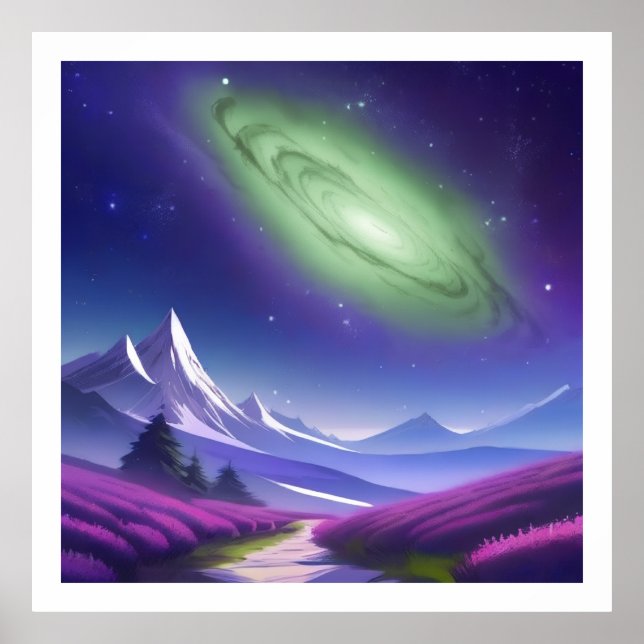 Póster Galaxia verde cósmica sobre el paisaje de la monta (Frente)