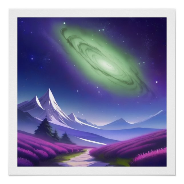 Póster Galaxia verde cósmica sobre el paisaje de la monta (Anverso)