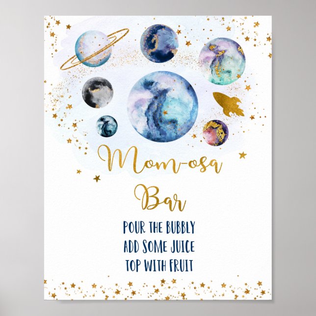 Póster Galaxy Blue Gold Baby Shower Mom-osa Bar (Frente)