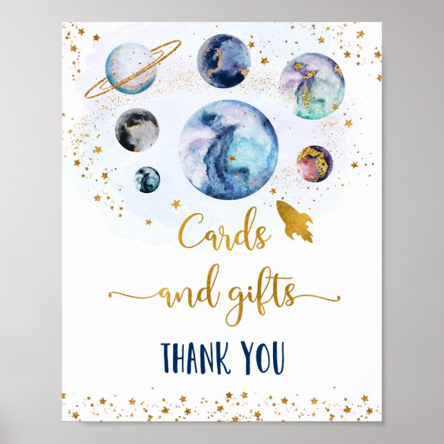 Póster Galaxy Blue Gold Cards & Gifts Rótulo de cumpleaño (Frente)