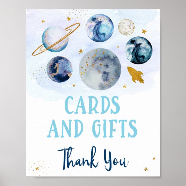 Póster Galaxy Blue Gold Cards & Gifts Rótulo de cumpleaño (Frente)