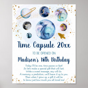 Póster Galaxy Blue Gold Space Time Capsule 1er cumpleaños