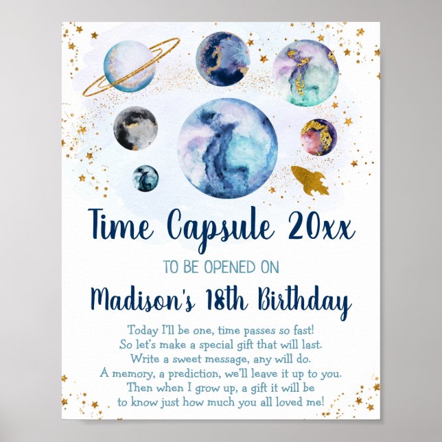 Póster Galaxy Blue Gold Space Time Capsule 1er cumpleaños (Frente)