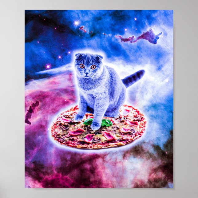 Póster Galaxy Kitty Cat Montando Pizza En El Espacio (Frente)
