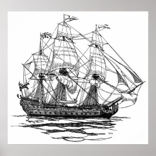 Póster Galeón de Piratas Vintage, boceto de un barco con 