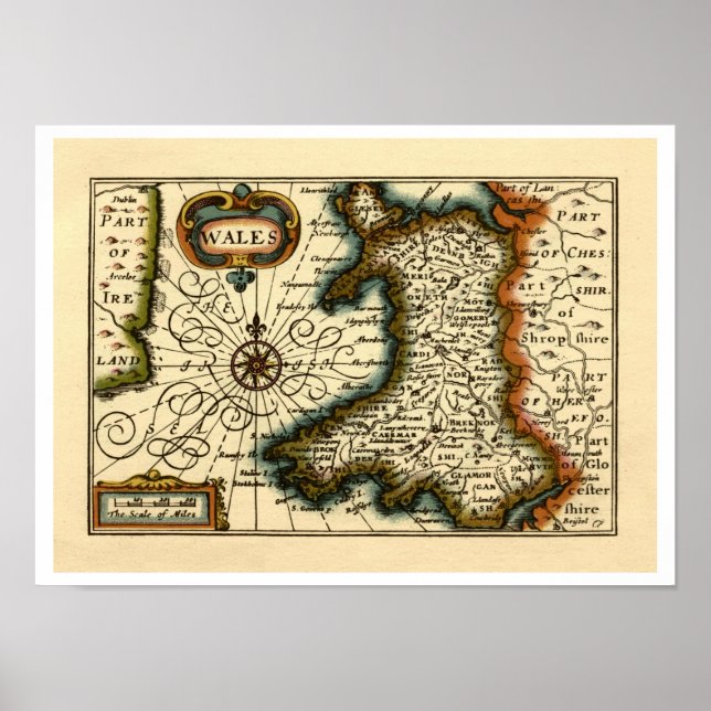 Póster Gales - Histórico mapa del Atlas británico antiguo (Frente)