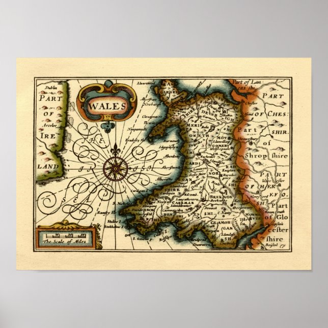 Póster Gales - Histórico mapa del Atlas británico antiguo (Frente)
