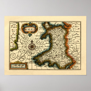 Póster Gales - Histórico mapa del Atlas británico antiguo