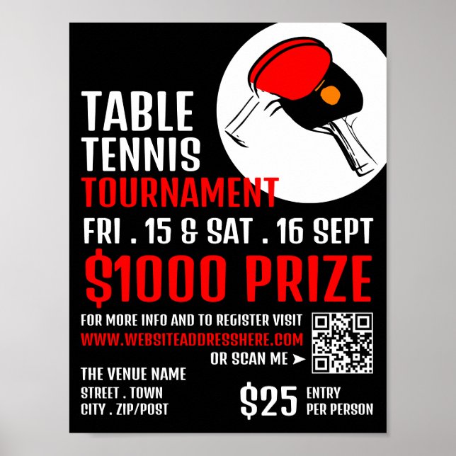 Póster Gales rojos y negros, torneo de tenis de mesa (Frente)