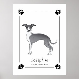 Póster Galgo Italiano Azul Y Blanco Con Patas Y Texto