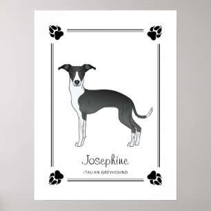 Póster Galgo Italiano Blanco Y Negro Con Patitas Y Texto