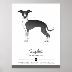 Póster Galgo Italiano Blanco Y Negro Con Texto Personaliz