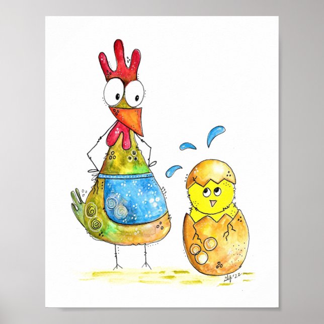 Póster Gallina dulce y caprichosa de mamá con bebé (Frente)