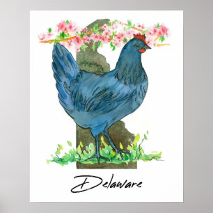 Póster Gallo Blue Hen forma del estado de Delaware