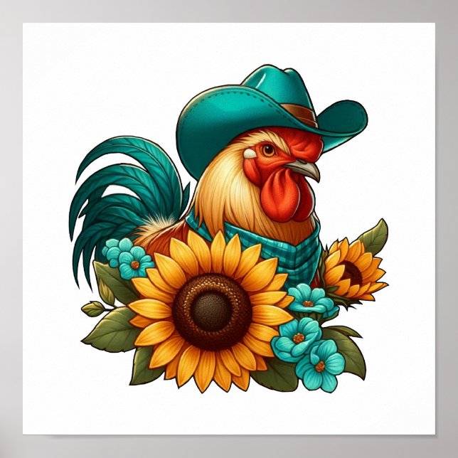 Póster Gallo con sombrero azul turquesa y girasoles  (Frente)