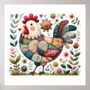 Póster Gallo de Folk Patchwork con Acentos Florales