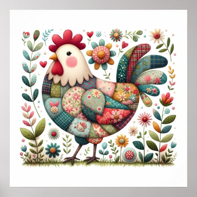 Póster Gallo de Folk Patchwork con Acentos Florales (Frente)