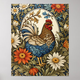 Póster Gallo de Granja Antiguo y Flores de Margarita