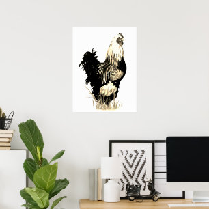 Póster Gallo de granja ave negro blanco acuarela