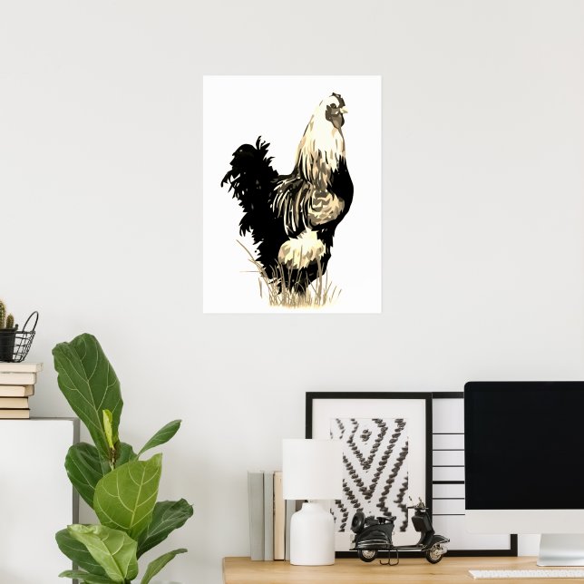 Póster Gallo de granja ave negro blanco acuarela (Oficina en casa)