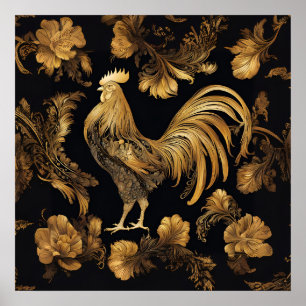 Póster Gallo de la casa de campo de oro sobre negro.