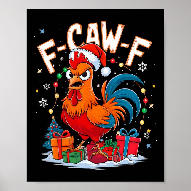 Póster Gallo de Navidad Divertido Pollo Gorro de Santa Fi (Frente)