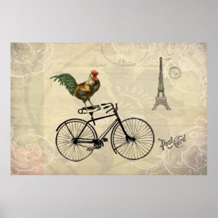 Póster Gallo del vintage que monta una bici por la torre