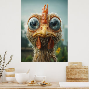 Póster Gallo Divertido de Ojos Grandes en Primer Plano