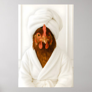 Póster Gallo Divertido en Baño, Gallo con Bata de Baño