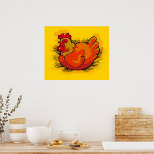 Póster Gallo en Nido Granja Brillante Gallina de Corral