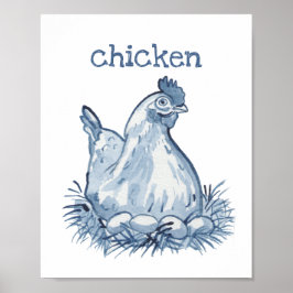 Póster Gallo Gallina Azul Bonito Acuarela Animal Naturale